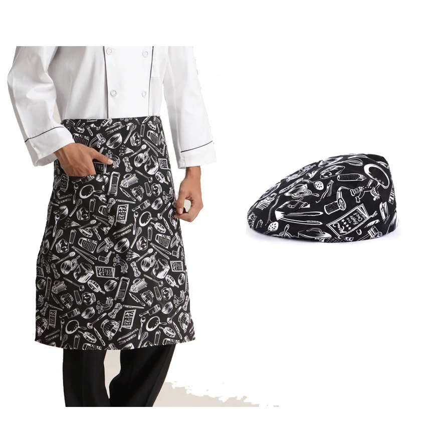 Restaurant Kitchen Chef Uniform Apron Cap Food Service Adjustable Bakery Cook Chili Striped Solid Elastic Chef Aprons Workwear