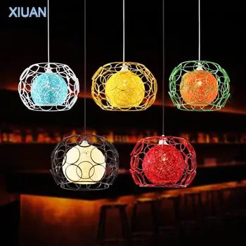 

Vintage Creative Metal Pendant Lamp Green Red Black White Yellow Iron Cage Sconces Restaurant LED Rattan Dining Table Lights