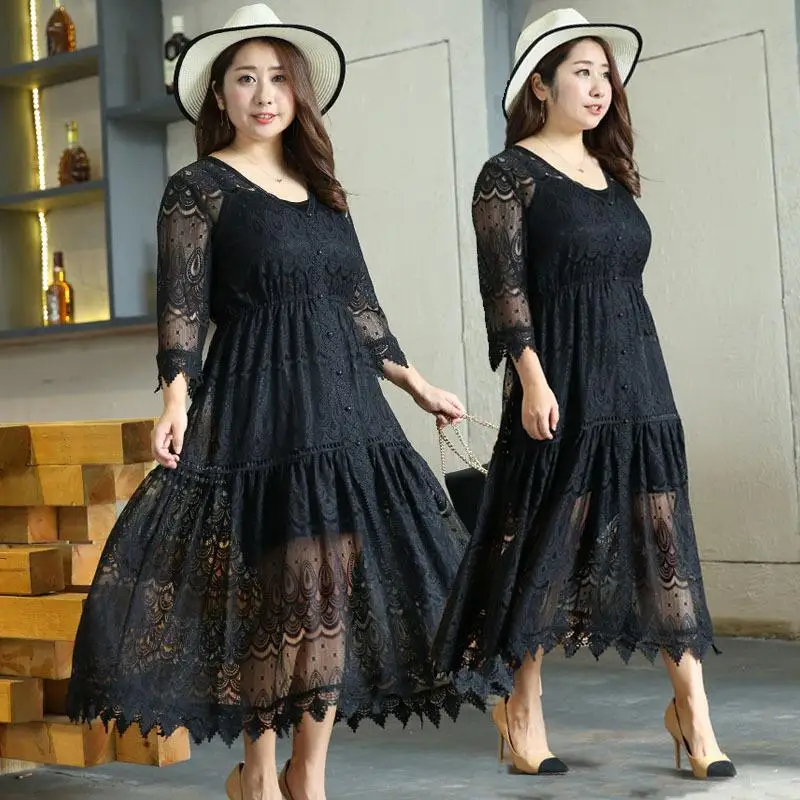

Lace Large Size Women Loose Maxi dress Two-piece Set Black Solid color 2019 Autumn Big size Long Vestido women's clothing