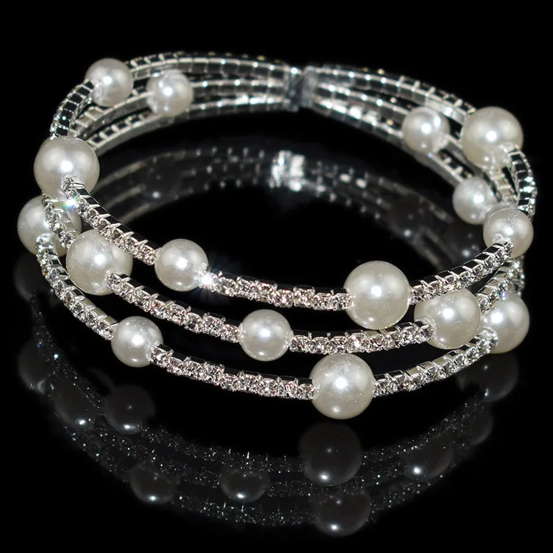 

New Gold Silver 3 row Rhinestone Pearl Open Bracelet Women's Party Bangle Jewelry Accessories Bracelets For Women Best Gifts