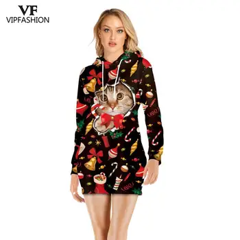 

VIP FASNHION New Year Autumn Winter Women Long Hoodies Carnival Ugly Christmas Santa Claus Elk Printed Pullovers Streetwear