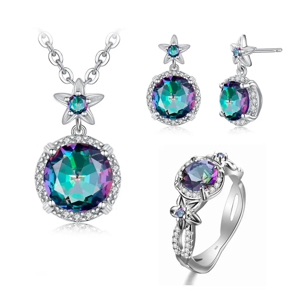 

Szjinao Silver Jewelry Set for Women Genuine 925 Sterling Silver Flower Mystic Topaz Ring Pendant Earrings Set Boho Fine Jewelry