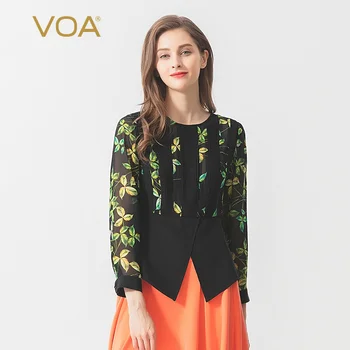 

Voa Camphor Silk Printed Black Heavyweight Pleated Round Neck Long Sleeve Dovetail Breathable Comfortable T-shirt B9168 tshirt