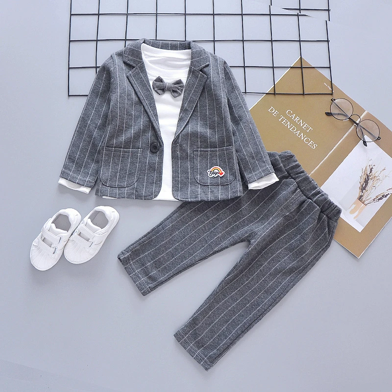 C 3 Pce set Gray Костюмы для мальчиков, блейзеры, модные белые рубашки, клетчатые топы, длинные штаны, хлопковые детские комплекты одежды, детская Свадебная куртка для детей - Цвет: C 3 Pce set Gray