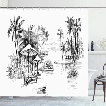 

Shower Curtain Set with Hooks 72x78 Watercolor Rest Green Black Day White Water Coconut Painting Palm Tree Alley Shore Design