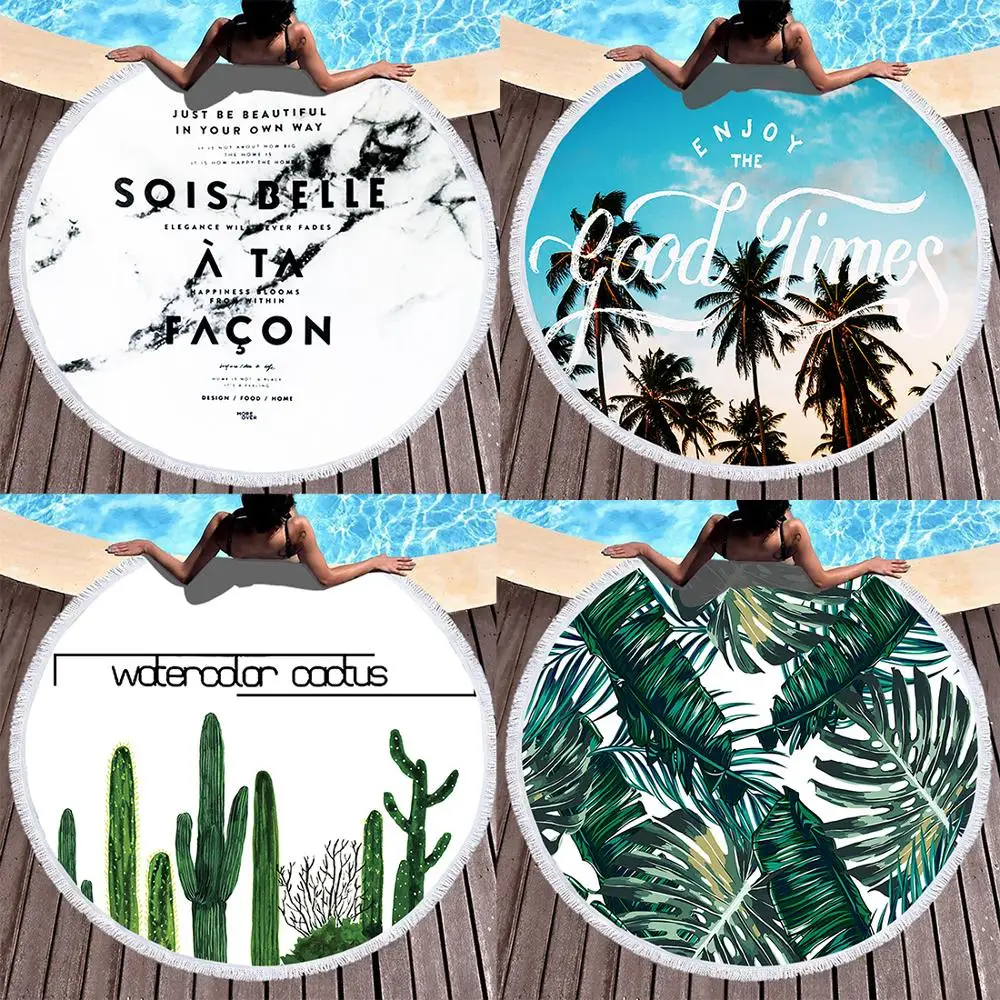 

Green Plant Cactus Marble Leaf Leaves Beach Bath Towel Round Sea Blanket Seaside Yoga Carpet Picnic Mat Absorbent Manteau Cloak