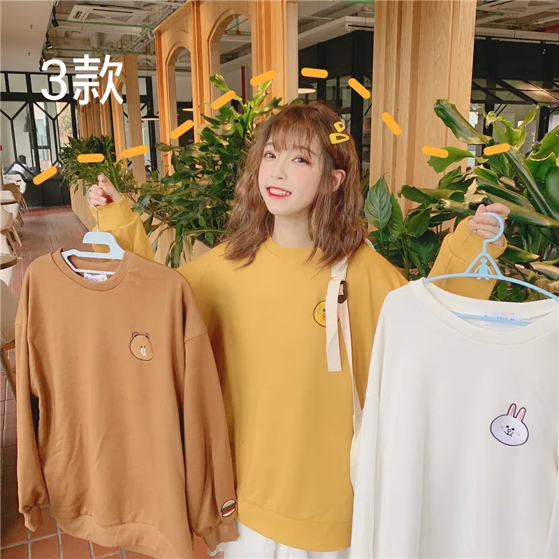 Женские толстовки Harajuku мультипликационный кролик в стиле кавай коричневый медведь вышивка Kpop негабаритный свитер Корейская уличная одежда