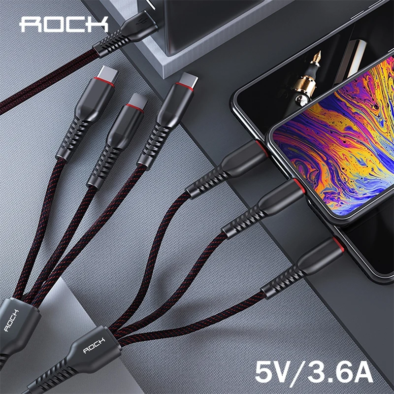  ROCK 6 in 1 USB Kabel für iPhone Samsung Xiaomi 3.6A Schnelle Lade Typ C Microusb-kabel Metall Gefl