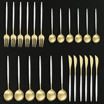 

24Pcs White Gold Matte Dinnerware Cutlery Set 304 Stainless Steel Knife Fork Spoon Silverware Set Kitchen Flatware Tableware Set