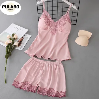 

2020 Summer Women Pajamas Sets With Shorts Silk Homewear Satin Sexy Pijama Sleeveless Pyjamas Thin Sleepwear Chest Pads