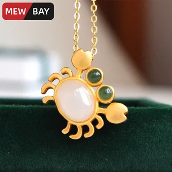 

S925 Sterling Silver Lovely Crabs Round Nephrite Jade Green Agate Inlay Pendant With O Shape Chain Women Girls Gifts