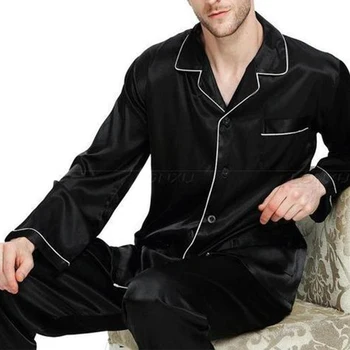 

Men Silk Satin Pajamas Set, Summer Fashion Short-sleeved Lapel Cardigan Trousers Home Clothes Suit