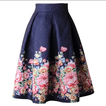 

2020 spring autumn Ladies Jacquard Flower Print Pleated Ball Gown Skater Midi Skirts Womens Vintage Floral High Waist feminina