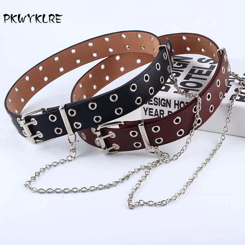 PKWYKLRE shipping женский панк цепь модный пояс регулируемый черный двойной/одинарный люверс втулка кожаный ремень пряжка