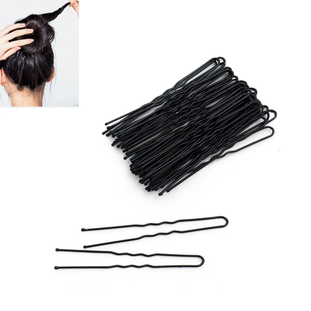 50pcs Simple Fashion Hair Waved U-shaped Bobby Pin Barrette Salon Grip Clip Hairpins Black Metal Hair Accessories for Bun
