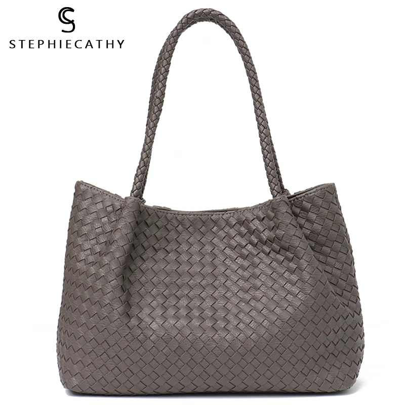 SC Women Vegan Leather Shoulder Tote Handbag Female Large High Quality Handmade Woven Ladies Top-handle Bag with Purse |