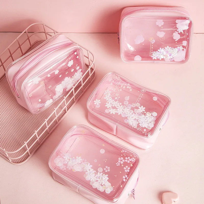 Розовый ПВХ Сакура Карандаш Чехол прозрачный эффект сыпучего песка для девочек ручка канцелярские принадлежности для школьных принадлежностей косметическая сумка туалетных принадлежностей, Красота комплект
