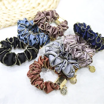 

4pcs/lot Solid Color Folds Gold Elastic Hair Band for Women Silk Hair Tie with Metal Adornment for Girls 2020 new