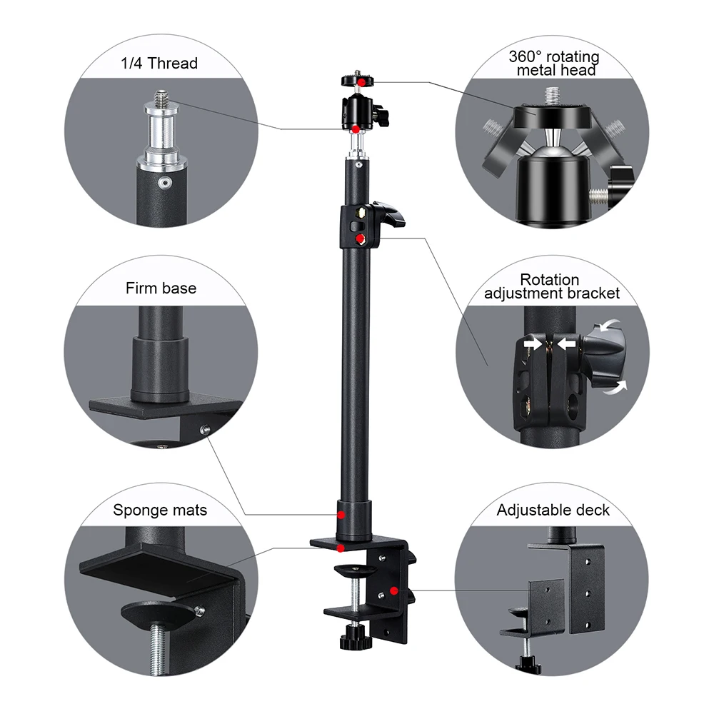 Tabletop Light Stand Clip Stand 1/4 Screw LED Ring Light Adjustable 32-52cm Live Streaming Photo Video