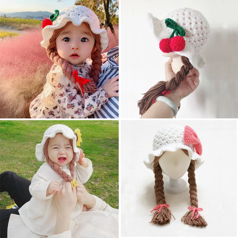Handmade Knitted Baby Girl Wig Hat Infant Wigs Brades Kid Crochet Hat