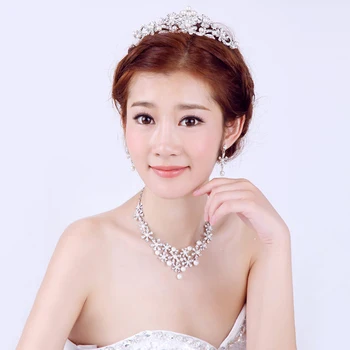 

2019 Hot Sale Crystal Simulated Pearls Necklace Tiaras and Crowns Eardrop Jewelry Set Bridal Bride Wedding Party Decoration