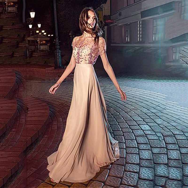 Женское шифоновое вечернее платье с бусинами длинное ТРАПЕЦИЕВИДНОЕ ПЛАТЬЕ