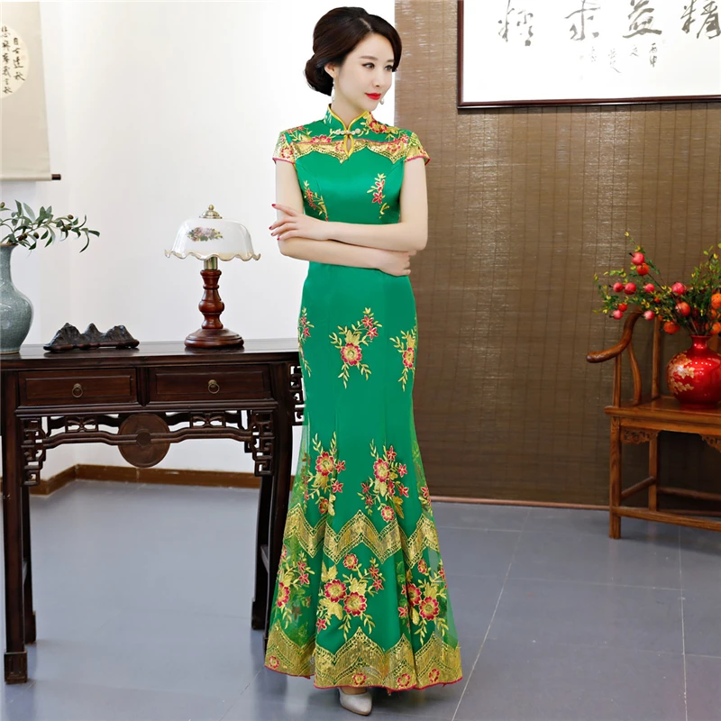 Вечерние Cheongsam Китайский традиционный стиль женское зеленое тонкое вечернее платье Qipao сексуальное Очаровательное платье ретро китайское платье