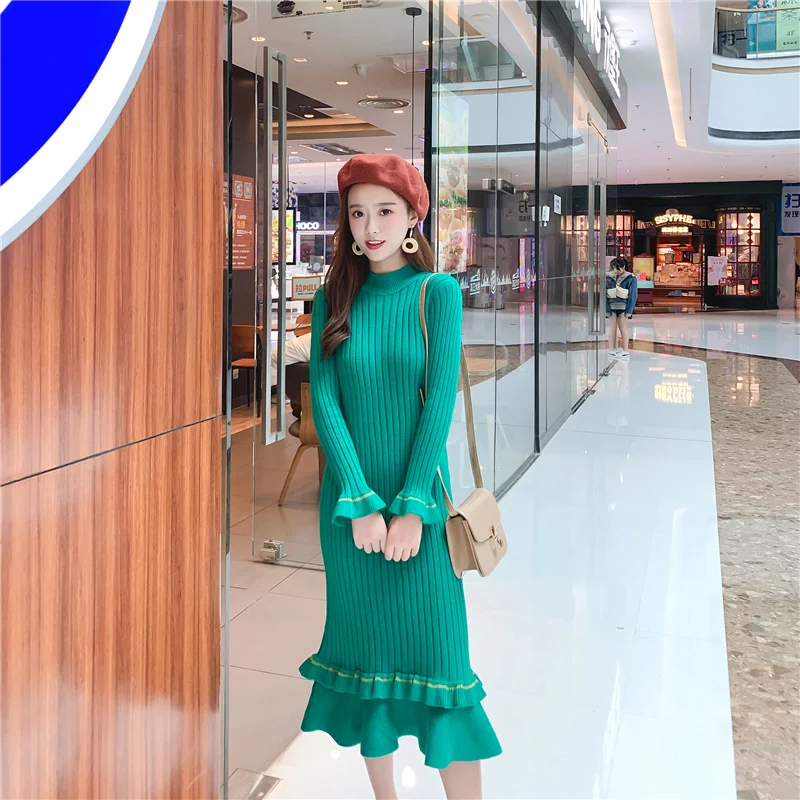 

2019 Autumn Winter Warm Women Sweater Sheath Ruffles Long Dresses Elegant Long Sleeve Knitted Pencil Bodycon Sweater Dresses
