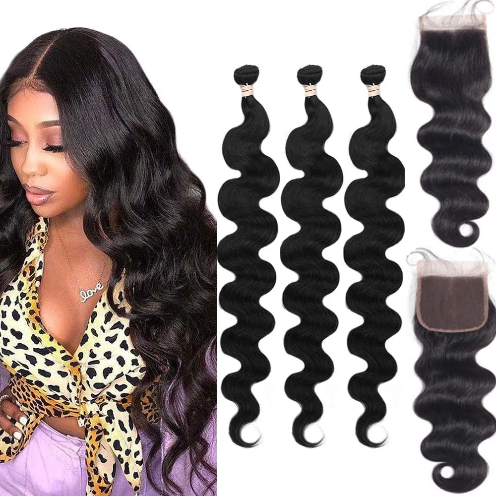 34 36 Inch Body Wave Bundles With 4X4 Closure Baby Hair Brazilian Human T Lace Remy | Шиньоны и парики