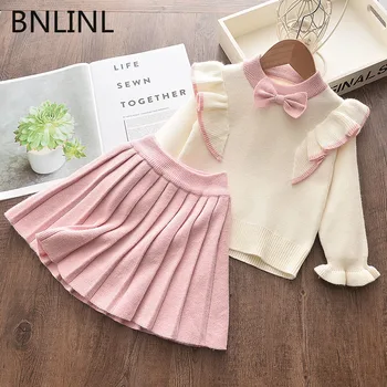 

Girls Winter Clothes Set Long Sleeve Sweater Shirt Skirt 2 Pcs Clothing Suit Bow Baby Outfits for Kids Girls Clothes