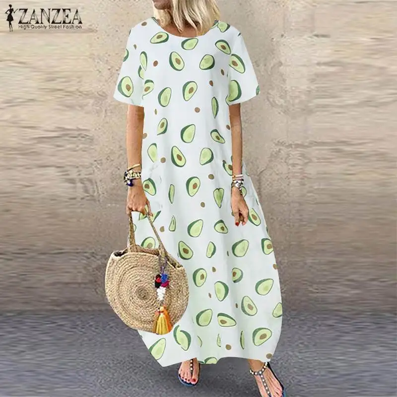 

ZANZEA New Fashion Print Summer Dress Women Long Maxi Vestidos 2019 Summer Sundress Baggy Pockets Long Shirt Robe Femme Dress
