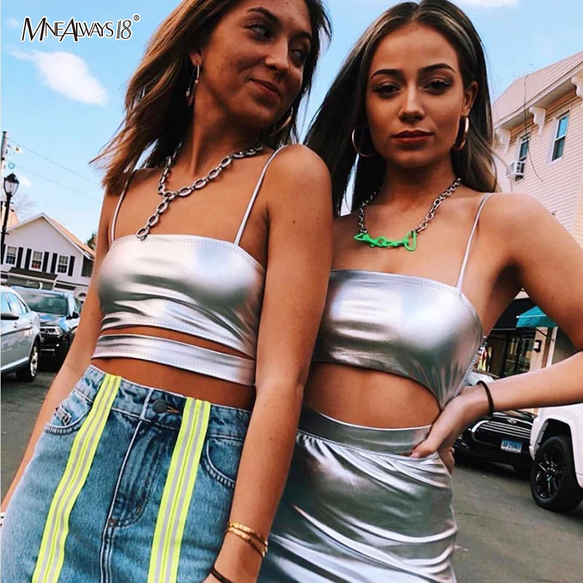 Mnealways18, сексуальный топ из искусственной кожи на тонких бретельках, с вырезами, голубой короткий топ с вырезом лодочкой, серебряная облегающая Повседневная Уличная одежда