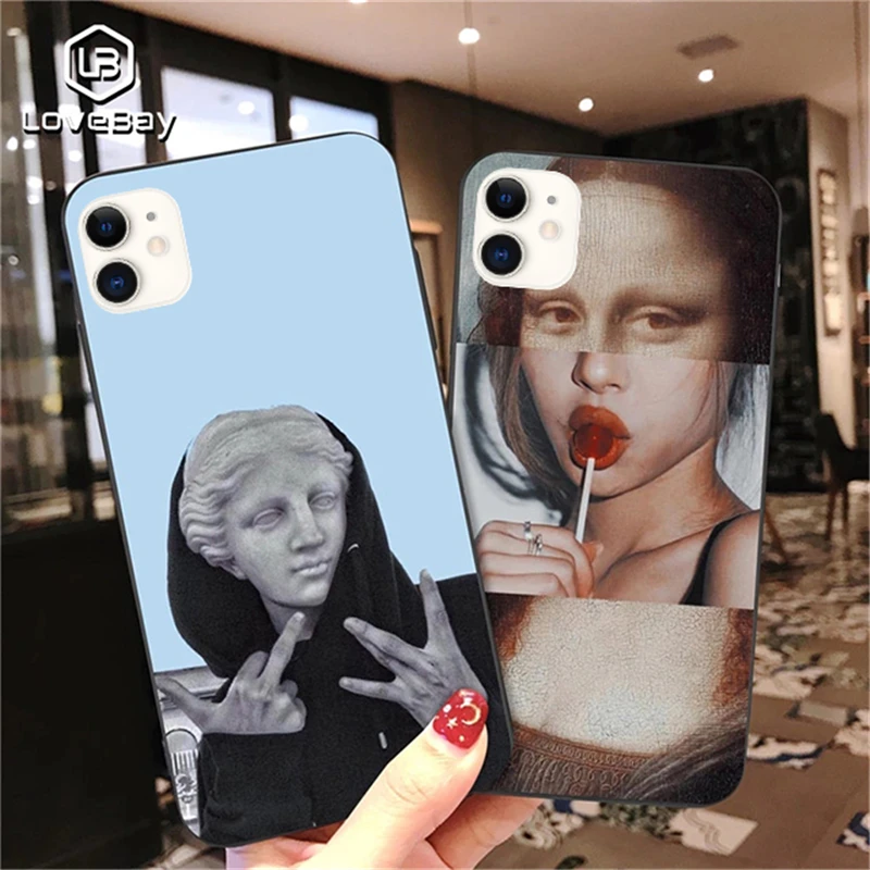 Lovebay Cartoon Statue Abstract Art Painted Case For iPhone 13 12 11 Pro Max 6 7 8 Plus X XR XS Max 5 5s SE 2020 Cute Soft Cover iphone 13 pro max wallet case