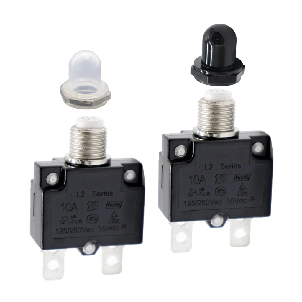 Pack of 2 10 Amp Circuit Breaker Push-Button Reset with Quick Connect Terminals and Waterproof Button Covers (Black & White)