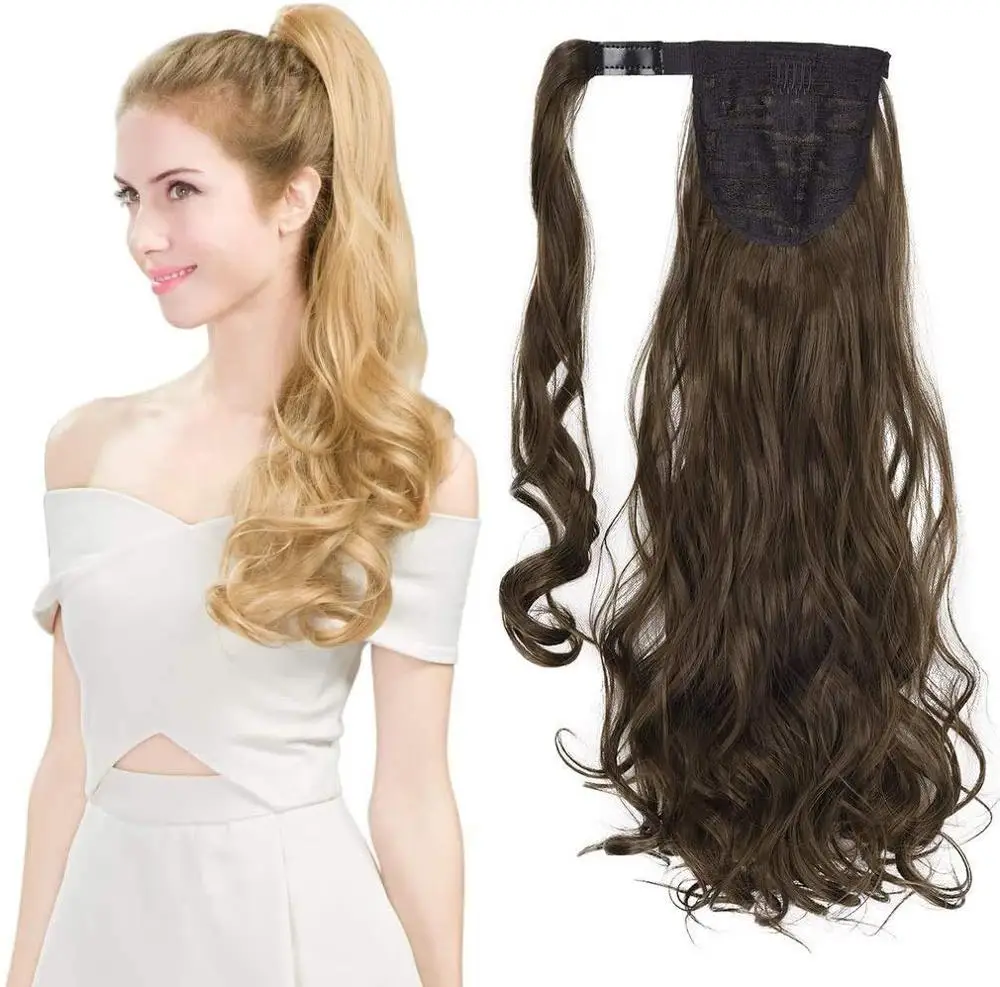 

Kong&Li Long Wave Real Natural Pony tail Clip in Pony tail Hair Extensions Wrap Around on Synthetic Hair Ponytail