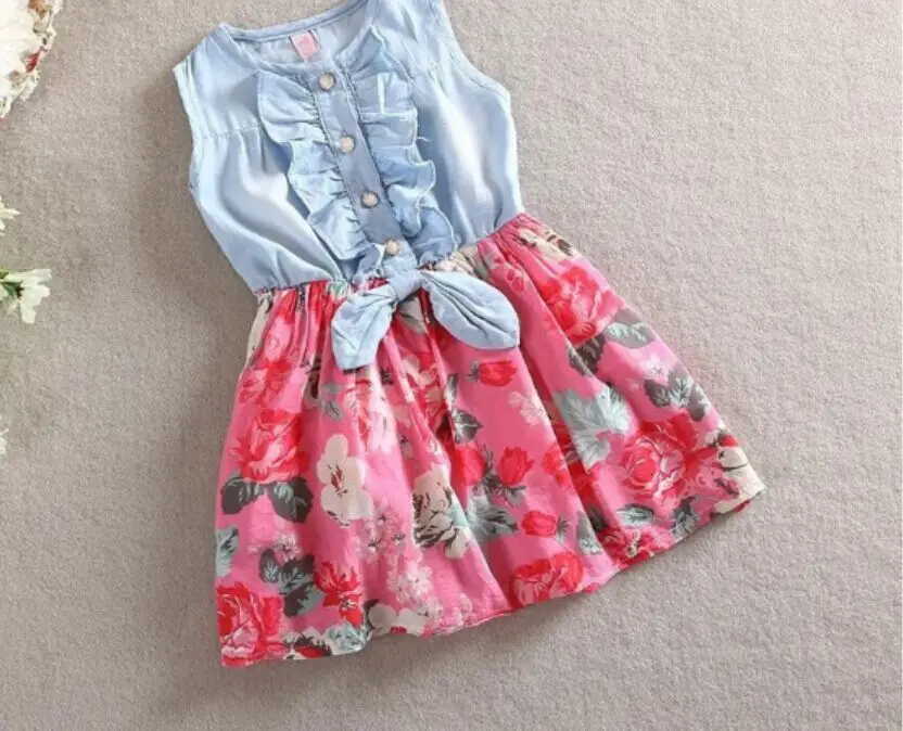 Платье для девочек новое летнее детское джинсовое платье в Корейском стиле с цветочным принтом