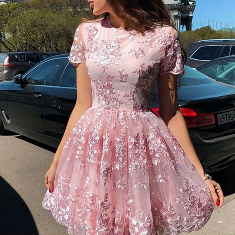 Розовые женские платья, сексуальные, круглый воротник, короткий рукав, кружево, милые, тонкие, для девушек, для женщин, ТРАПЕЦИЕВИДНОЕ, свободное платье, мини, Короткие вечерние платья, vestido