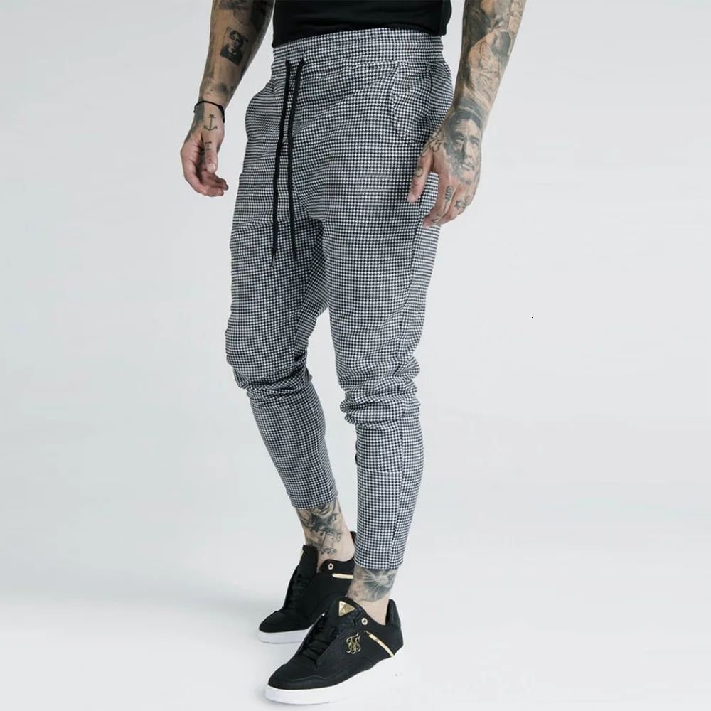 Повседневные мужские брюки-чиносы из хлопка, облегающие мужские брюки, узкие брюки-чиносы, серые брюки по щиколотку, супер эластичные брюки в клетку с боковой полосой - Цвет: smallPlaid
