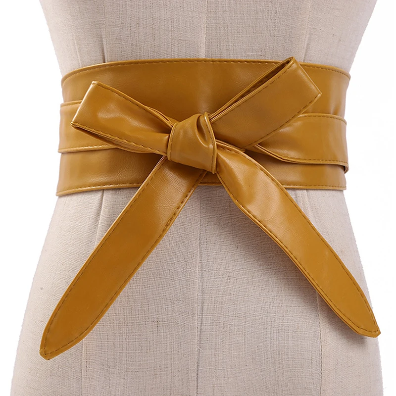 Solid Women Belt Leather Cummerbunds For Women Wide Waist Belt Bow Self