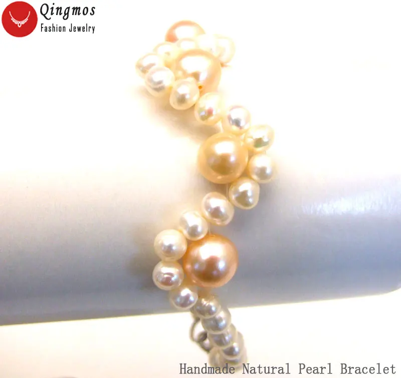 

Qingmos Fashion 5-6mm Round Natural White Pearl Bracelet with 10-11mm Round Pink Pearl Handmade Weave Bracelet for Women 7.5''