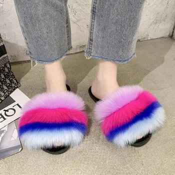 

WENYUJH Summer Fluffy Fur Slippers Shoes Women Real Fur Flip Flop Flat Furry Fur Slides Outdoor Sandals Woman Amazing Shoes