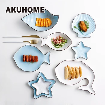 

Ocean Style Ceramic Plate Tableware Whale Fish Dish Shell Starfish Trumpet Shell Bowl Blue White Porcelain Dinnerware Animal