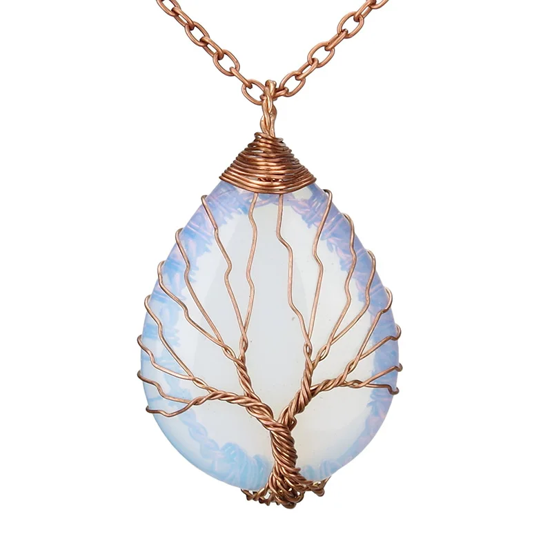 Opal-A Подвеска в виде капли воды, древо жизни, ожерелье, серебряный цвет, Проволочная обертка, чакра, черный оникс, опал, камень, кулон для женщин и мужчин, ювелирные изделия рейки - Окраска металла: Opal-A