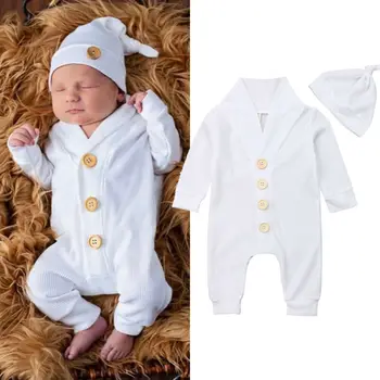 

Emmababy Autumn 2Pcs Newborn Baby Girl Boy Big Button Long Sleeve Solid color Clothes Romper Jumpsuit + Hat Outfits