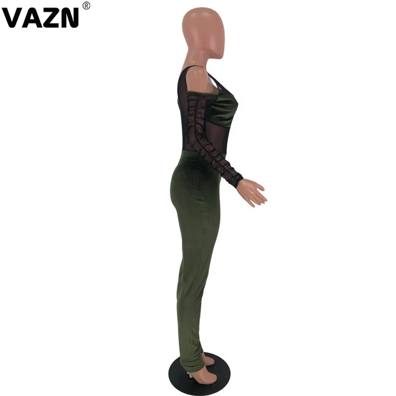 VAZN LDS3188 шикарный дизайн Осень сексуальная леди 5 цветов длинный комбинезон полный рукав лоскутное кружево велюр juimpsuit шикарный комбинезон