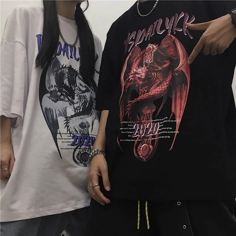 Trend hip hop dark retro print loose all round collar Short Sleeve T-Shirt Top Unisex trend Trend hip hop dark retro print loose all round collar Short Sleeve T-Shirt Top Unisex trend
