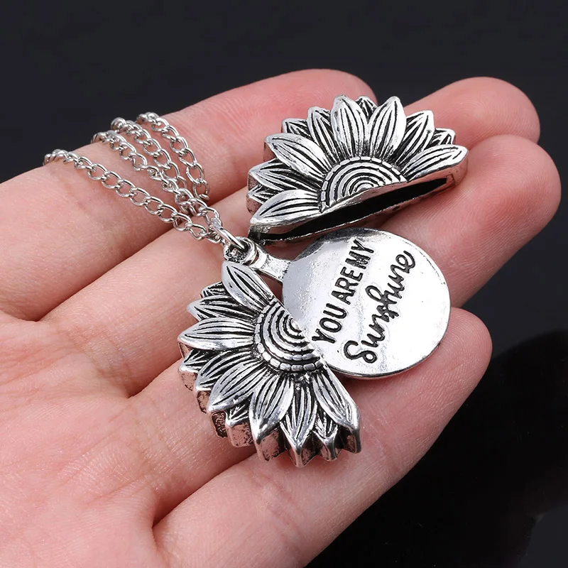 You are my Sunshine Pendant Necklace Custom Lettering Women Gold Open Locket Sunflower Necklaces Accessories Gift
