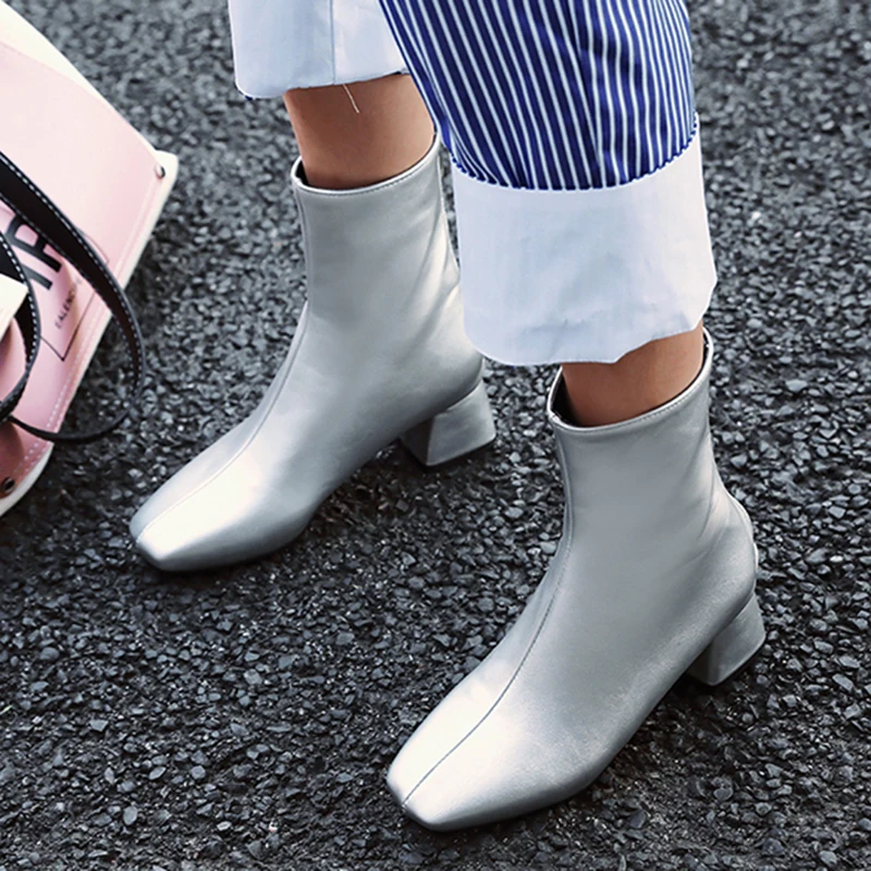 

Rimocy 2019 New Hot Silver Laser Ankle Boots for Women Square Heels Pu Solid Color Botas Mujer Warm Plush Plus Size Shoes Woman