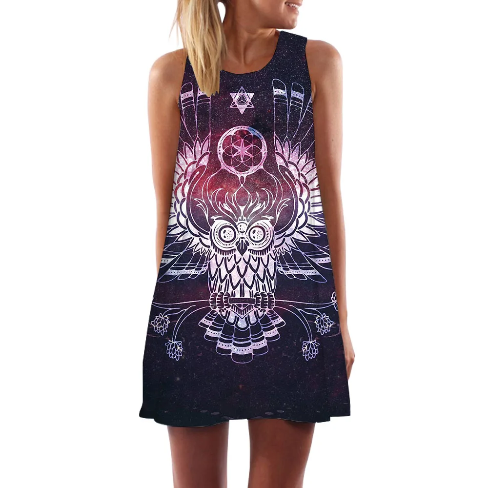 

KYKU Owl Dress Women Animal Sexy Galaxy Boho Geometric Flower Ladies Dresses Abstract Office Womens Clothing Summer New Cool
