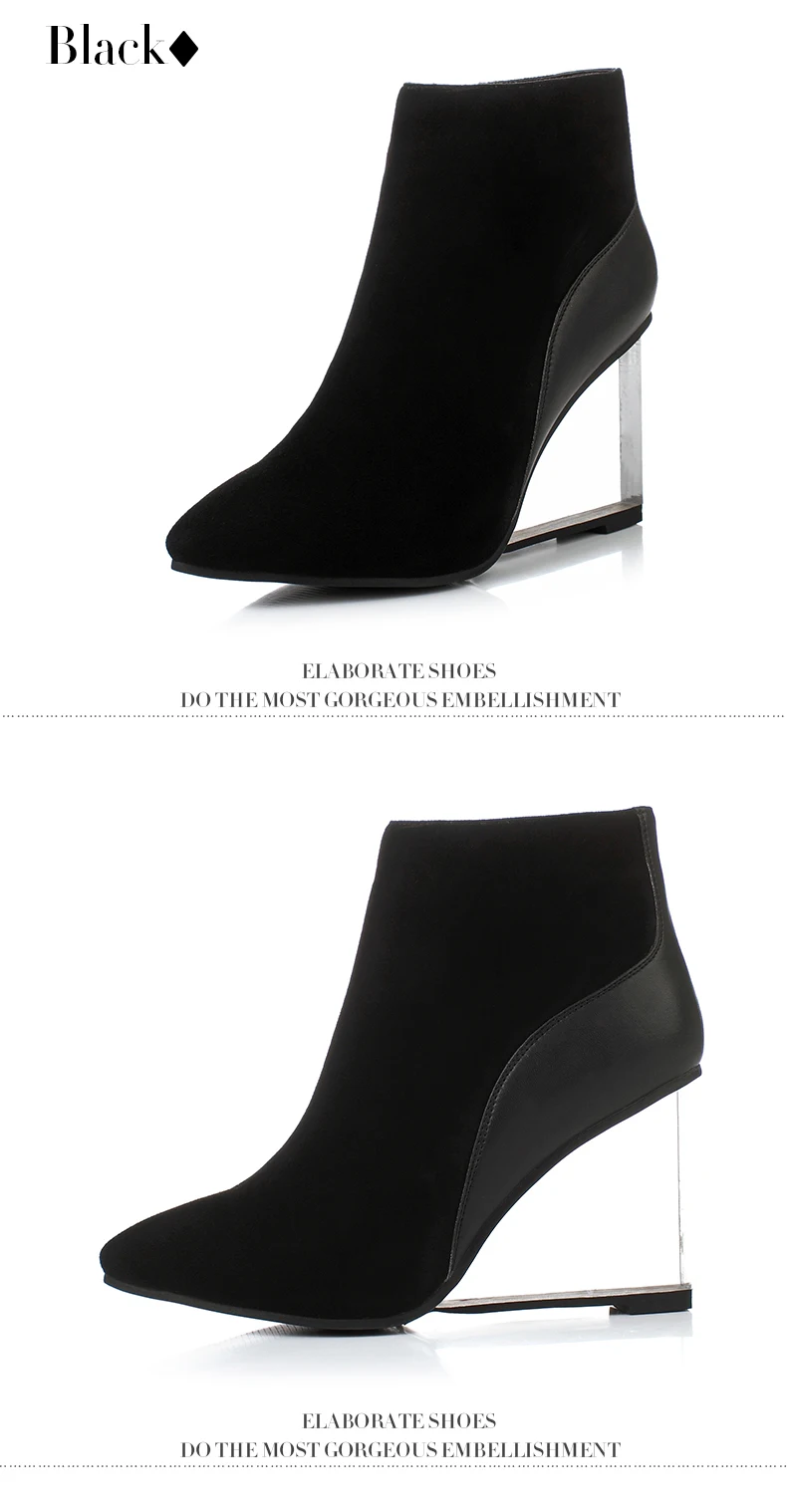 genuine leather boots pointed toe Slope heel transparent crystal 9cm fashion show women's shoes yellow black autumn winter new